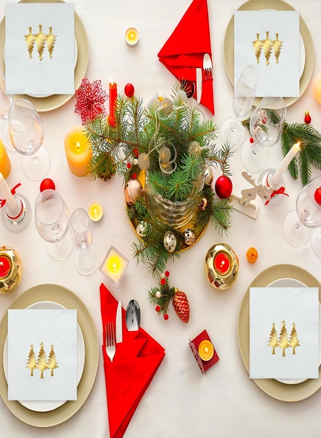 peony man 100 PCS Christmas Cocktail Napkins Christmas Gold Foil Paper Napkin Xmas Tree Disposable Napkins 3 Ply White and Gold Beverage Napkin for Xmas Holiday Kitchen Dinner Party Supplies, 5 x 5 Inch - Image 4
